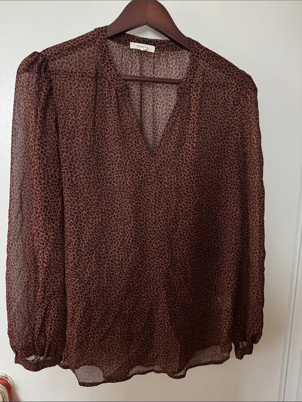 Pleione Brown & Black Leopard Print Sheer V-Neck Blouse